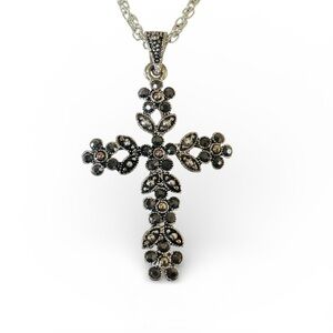 Vintage & Marcasite Silver-Tone Black Crystal Floral Cross Necklace